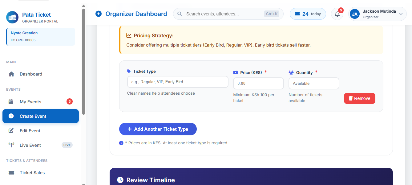 Event creation form on a computer screen