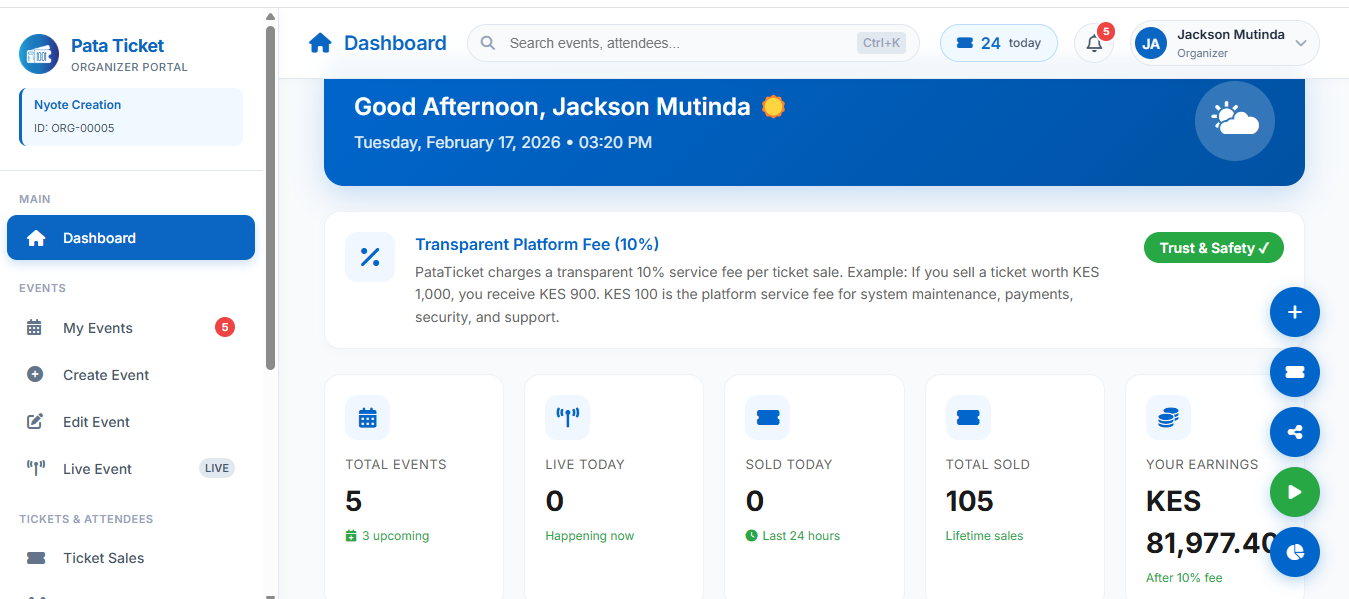 Event dashboard showing ticket sales and analytics